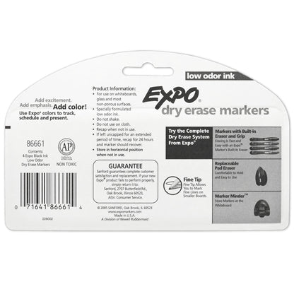 EXPO Dry Erase Markers, Low Odor Ink, Black, Fine Tip, 4 Count - Easily Erases, Vibrant Ink, Ideal for Classroom, Back to School Supplies, Teachers, Office, Whiteboard & Home