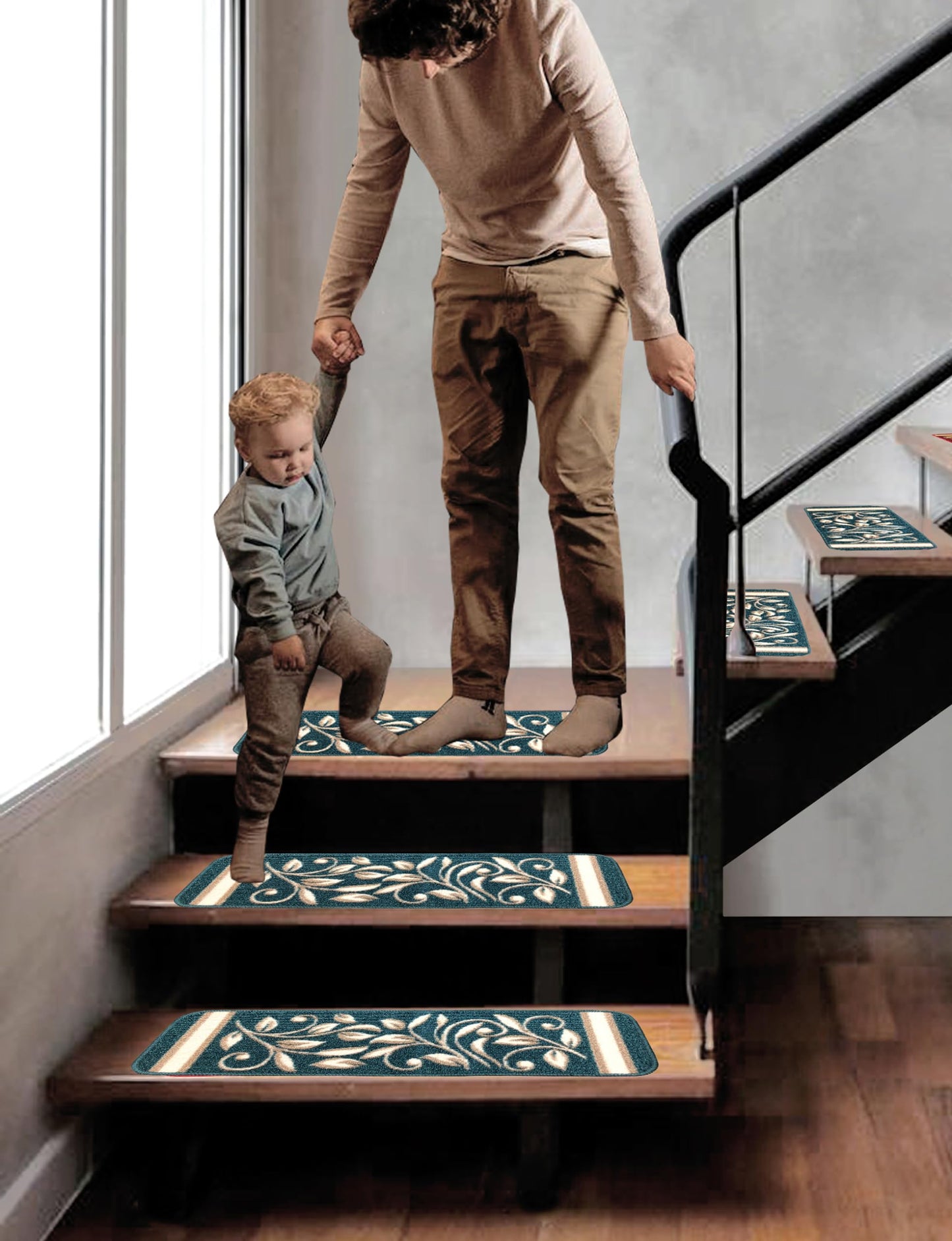 Gloria Non Slip Rubber Back Pet Friendly Floral Design Carpet Stair Treads Stairway mats (13, Greenish Teal)