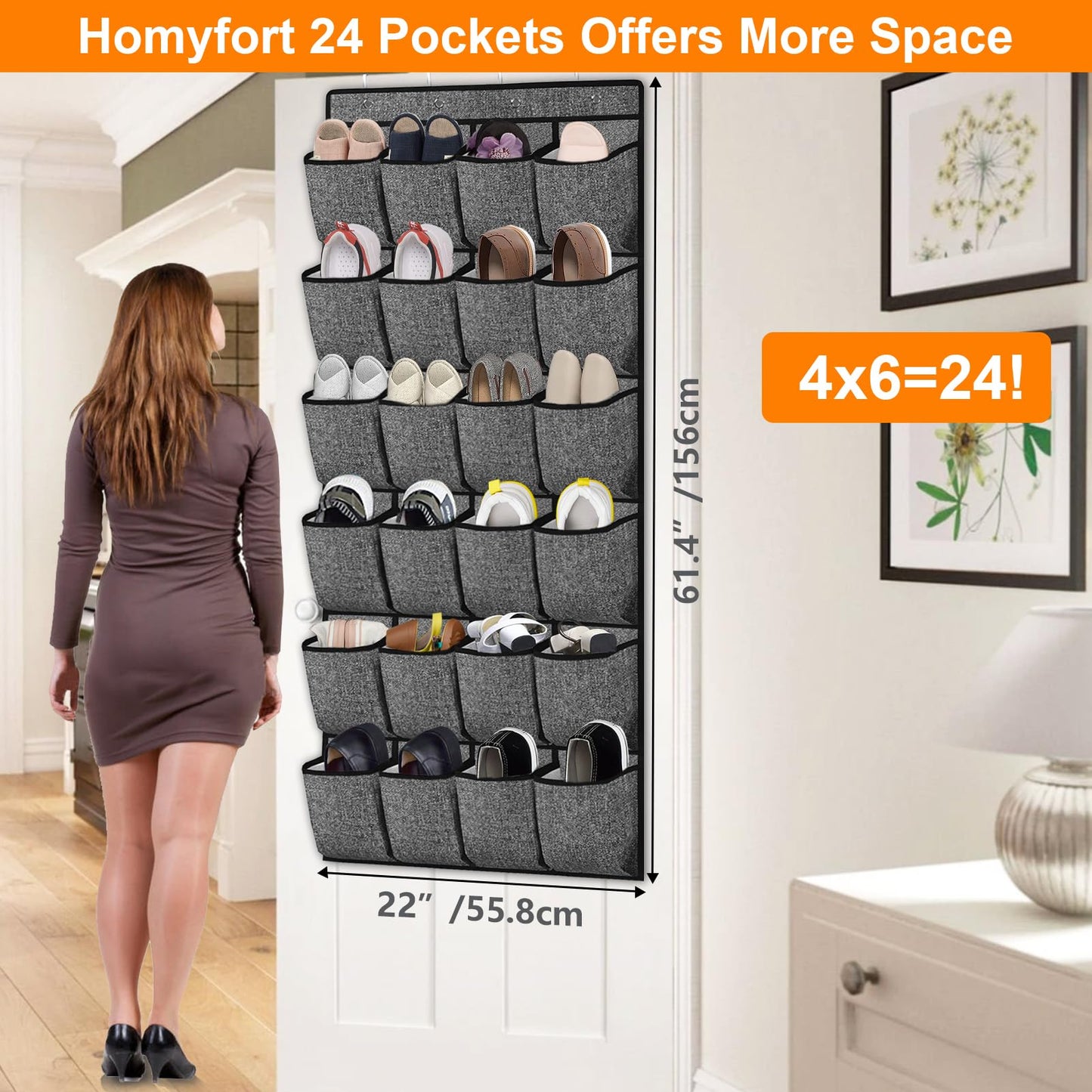 homyfort Over the Door Shoe Organizer, Hanging Shoe Rack Storage Holder with 24 Large Pockets for Closet Door, Men Women Kids Shoes, Cruise (Black)