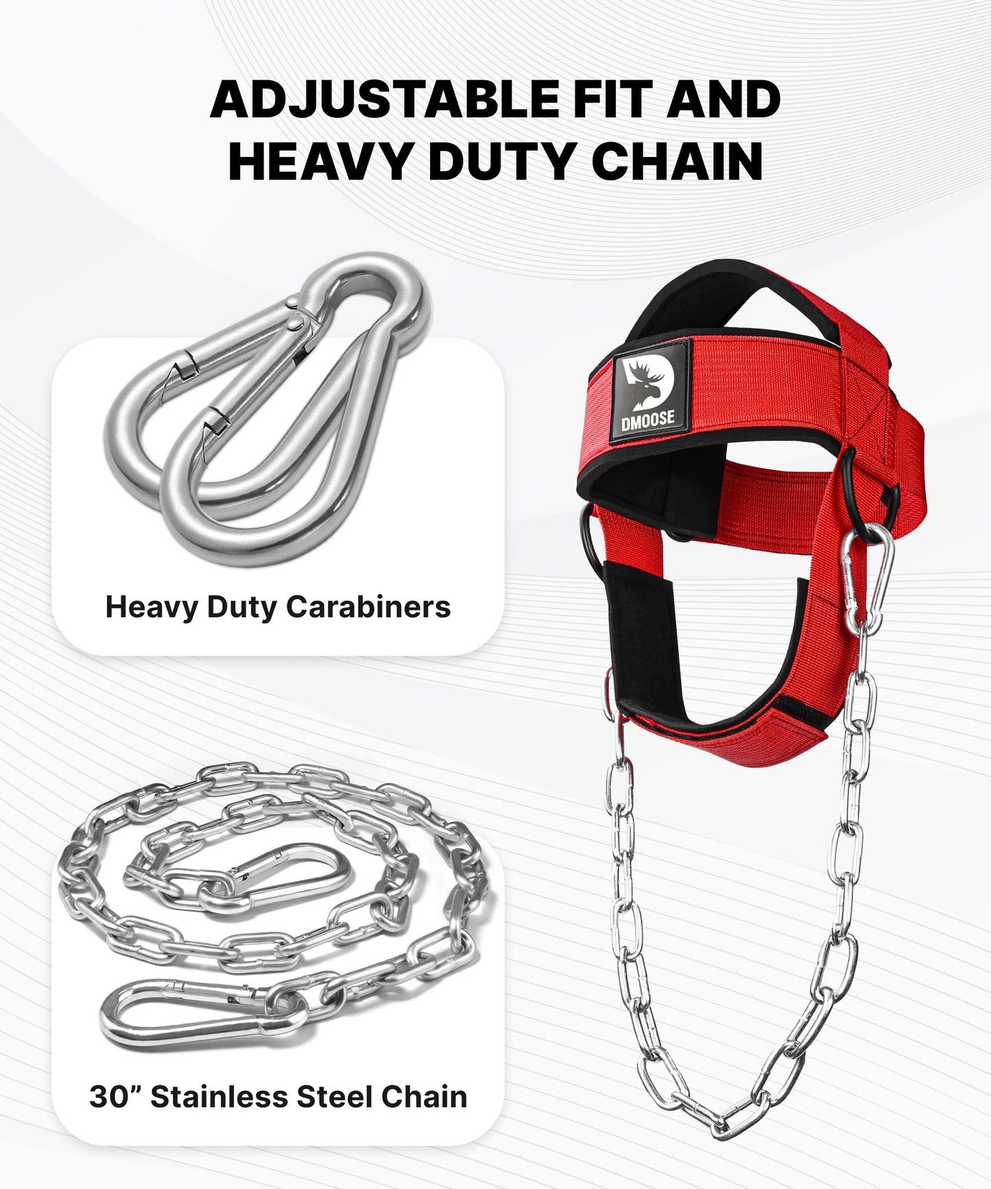 DMoose Fitness Neck Harness for Weight Lifting - Soft Padded Head & Chin Strap with 30" Heavy Duty Steel Chain - Neck Exerciser, Trainer & Strengthener to Support Injury Recovery (Red)
