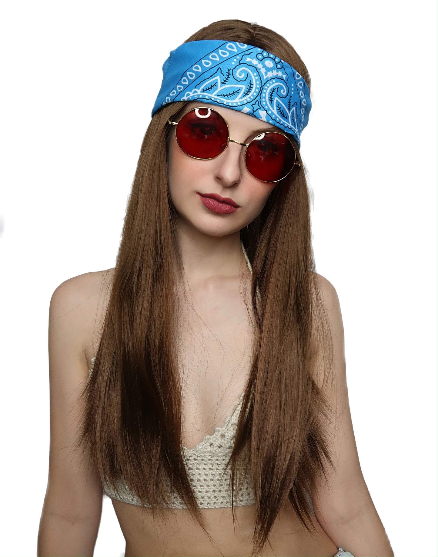 ALLAURA Compatible with Janis Joplin Wig – 3pc Long Brown Hippie Wig Costume Set with Bandana & Glasses – 60s 70s Unisex Hippy Look for Men & Women, Retro Festival Style, Halloween, Music Icon Cosplay
