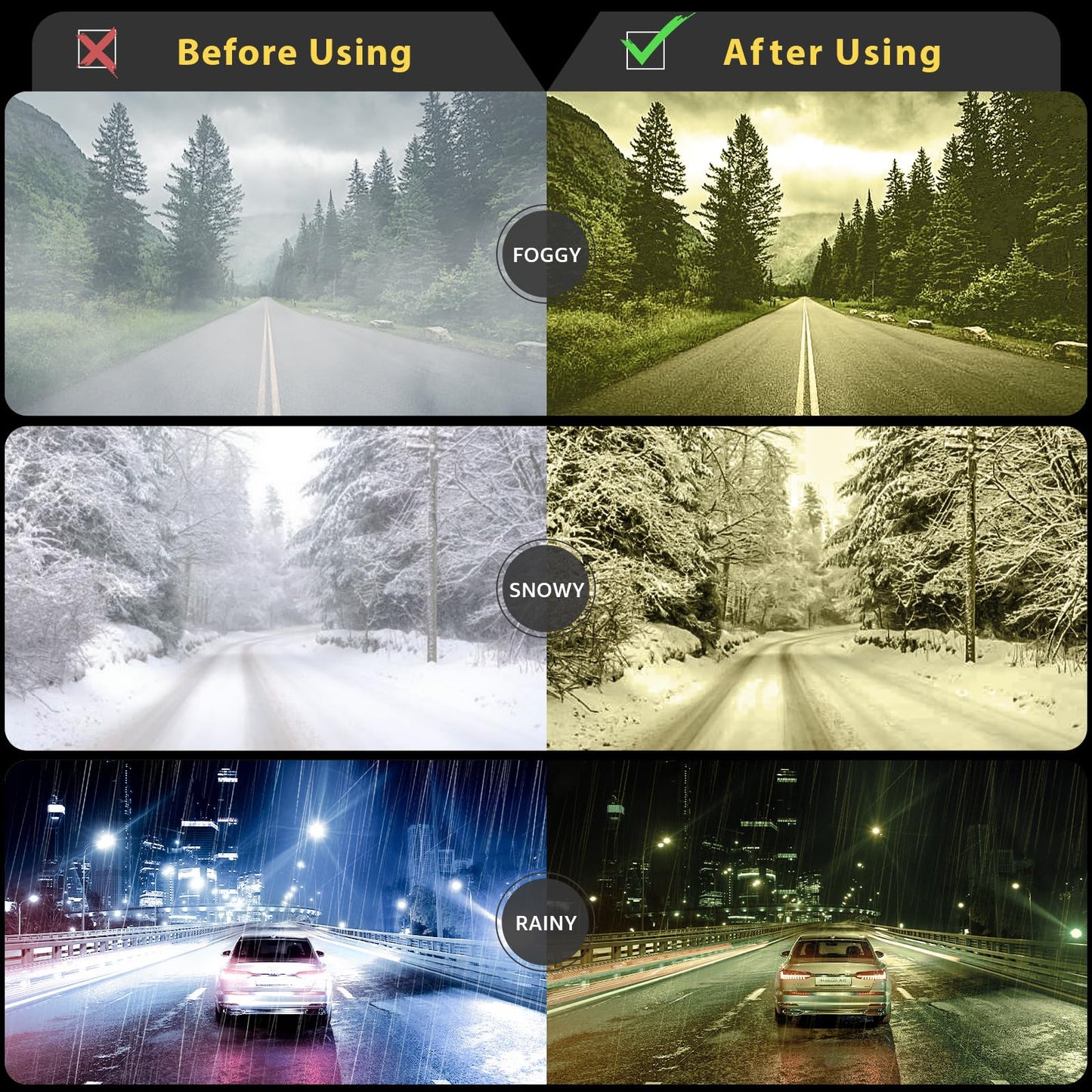 Myiaur Polarised Night Driving Glasses for Women Yellow Lens Night Vision Anti-Glare Headlight Glasses for Nighttime/Rainy/Foggy Stylish Square