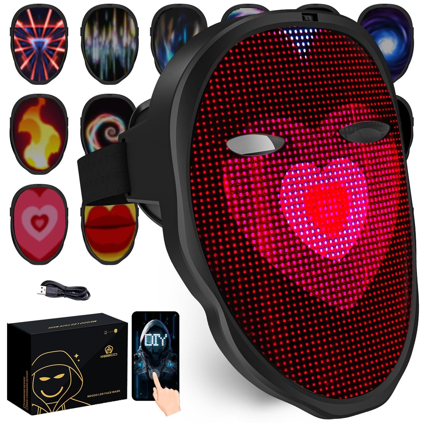 MEGOO Led Mask with Bluetooth Programmable App,Shining Led Light Up Face Mask for Adult Kid Halloween Masquerade Party (USB Recharge)