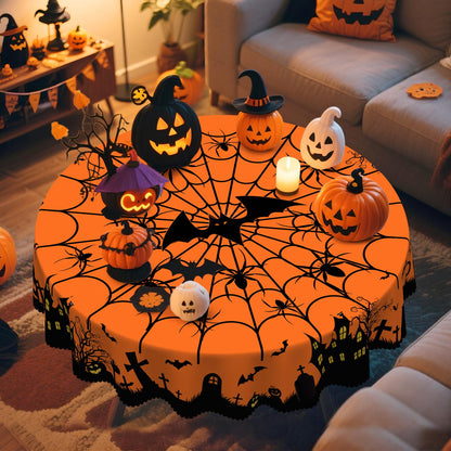 Eikione Round Halloween 60In Tablecloth, Haunted House Decorative Table Cloth, Waterproof and Washable Fabric Table Cover for Party Kitchen Dining Room