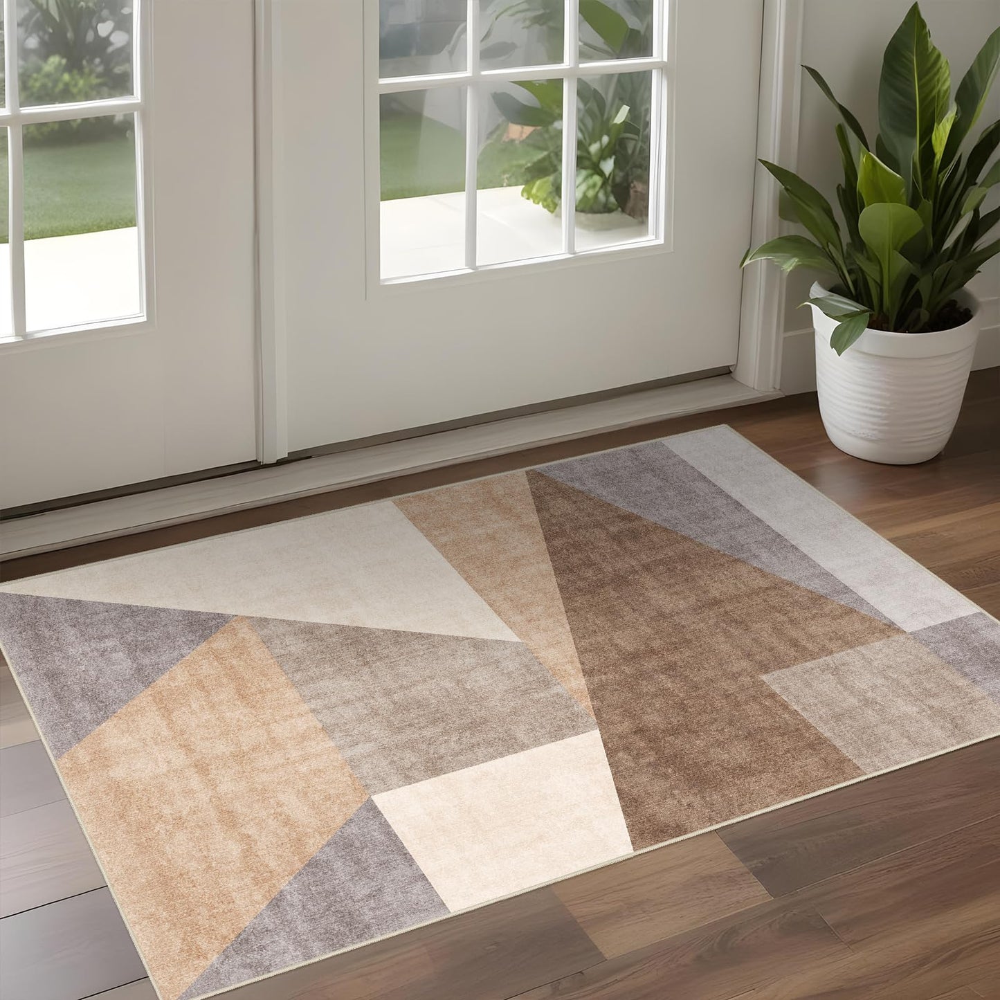 Washable Modern 2x3 Area Rug: Non-Slip Small Throw Carpet Pet Friendly Low Pile Mat for Entryway Kitchen Bedroom Bathroom Floor Stain Resistant Indoor Geometric Rug Brown