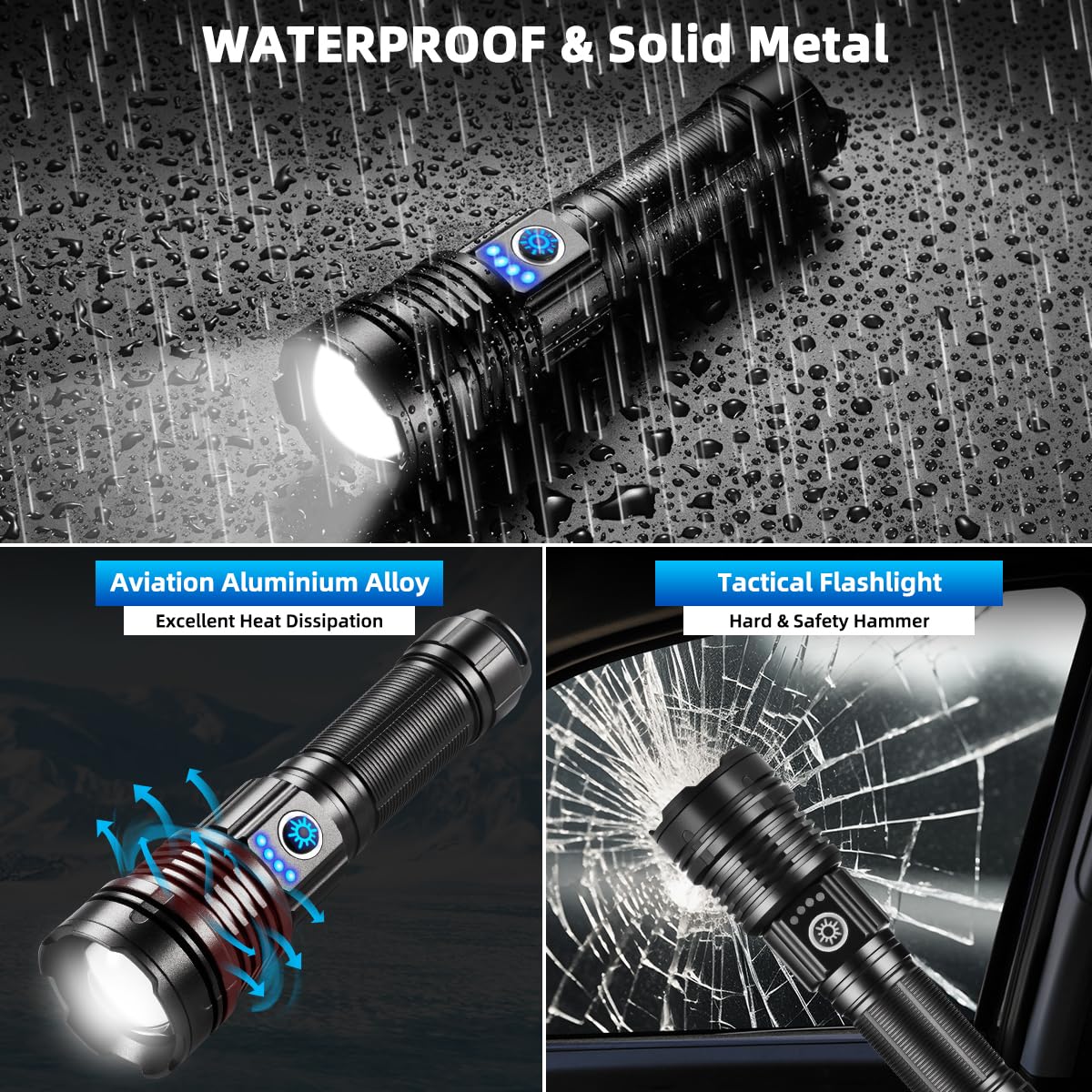 Flashlights High Lumens Rechargeable, Super Bright Flashlight, Adjustable Tactical Flashlight, 5Mode Flash Light High Powered, Waterproof LED Flashlight for Camping, Hiking, Home, Emergencies