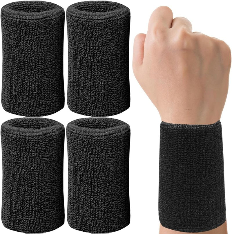 Absorbent Wrist Sweatbands - Breathable Cotton Athletic Bands for Sports | 6 Inch, 4 Pack