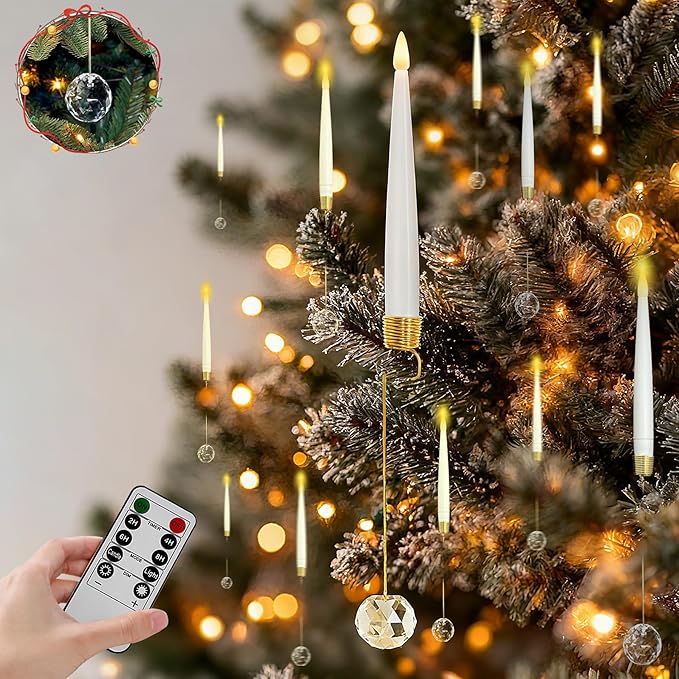12 Pack Christmas Tree Candles，LED Flickering Flameless Candle Lights，Remote with Timer，Battery Operated Flameless Taper Window Candle for Christmas Tree Decoration&Wedding Party Décor