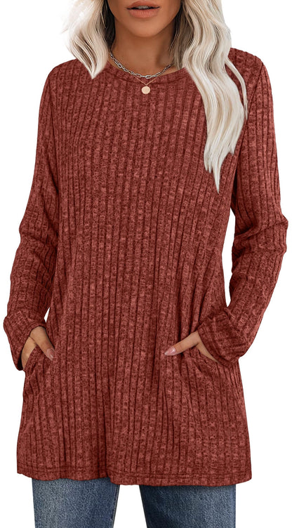 XIEERDUO Long Sleeve Shirts for Women Crewneck Tunic Tops Loose Fit Dressy Womens Sweaters with Pockets Fall Fashion 2025