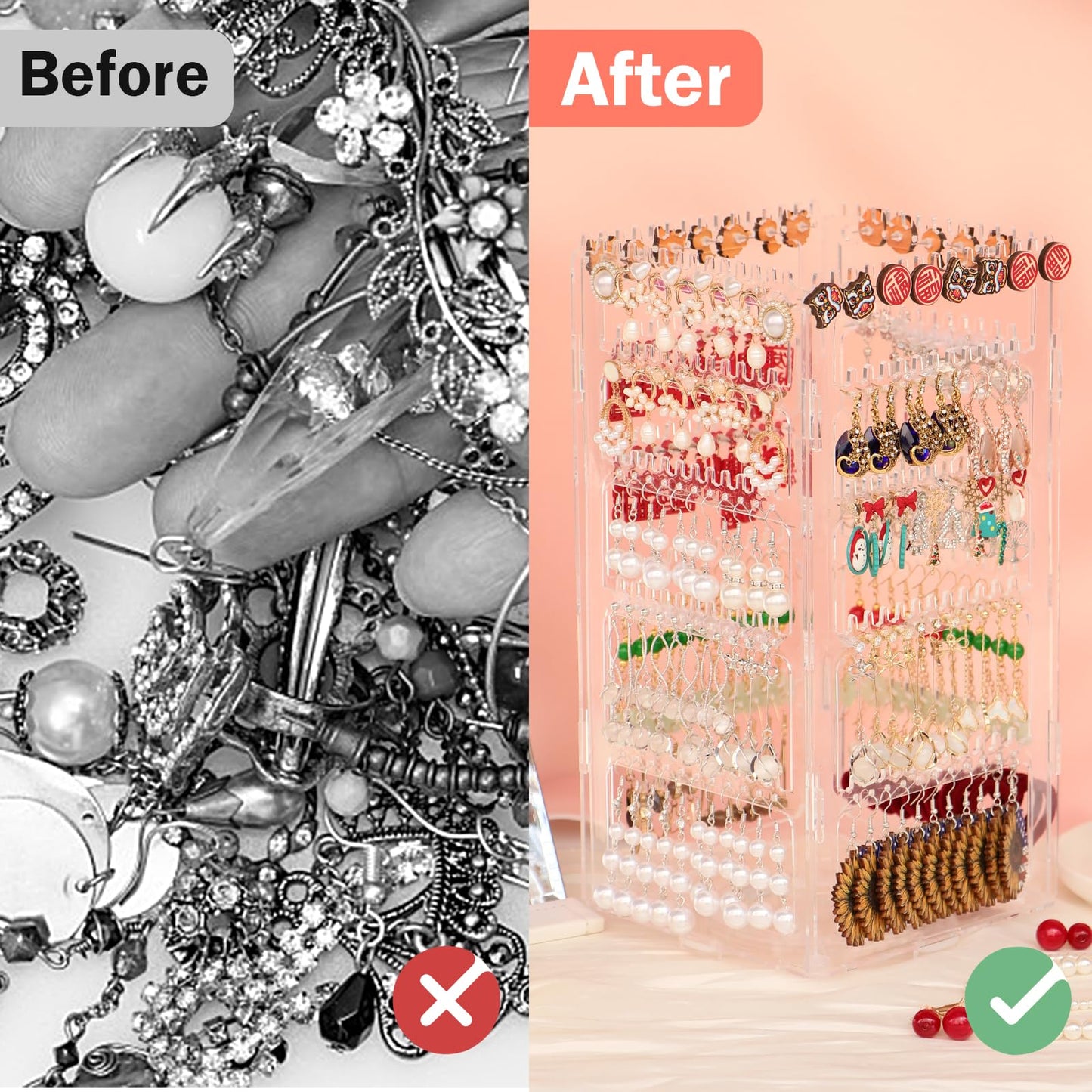 17Dec 360 Rotating Earring Holder Organizer Stand,5 Tiers Acrylic Jewelry Organizers and Storage,Stud Earring Organizers and Storage,228 Holes and 232 Grooves for Earrings Necklaces chain bracelet