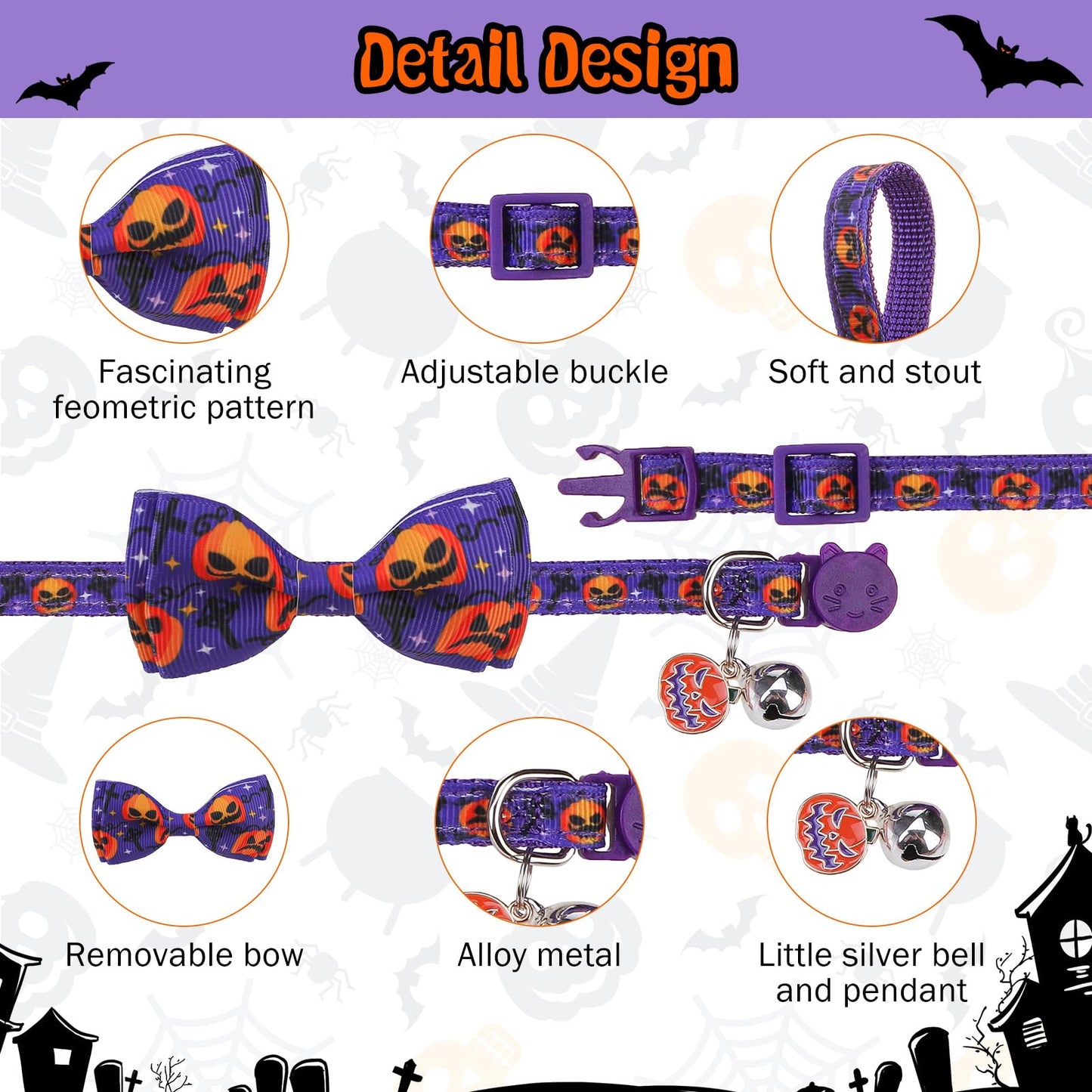 SCENEREAL Halloween Cat Collar Breakaway 3 Pack, Safety Collars, Pet Accessory for Outdoor and House Cats Kittens, Orange Purple