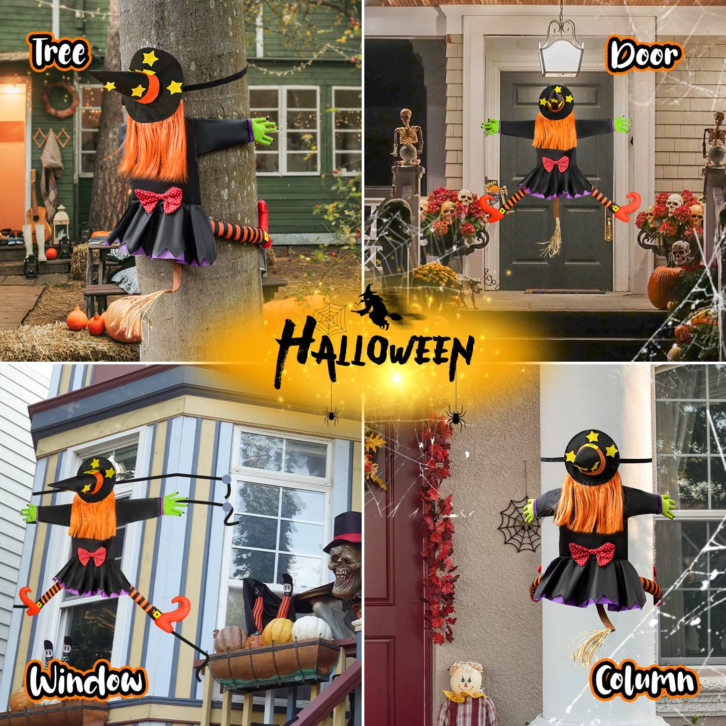 Halloween Decorations Outdoor Crashing Witch: 44'' Flying Crashed Witches Hanging into Tree - Halloween Decor for Yard Garden Porch