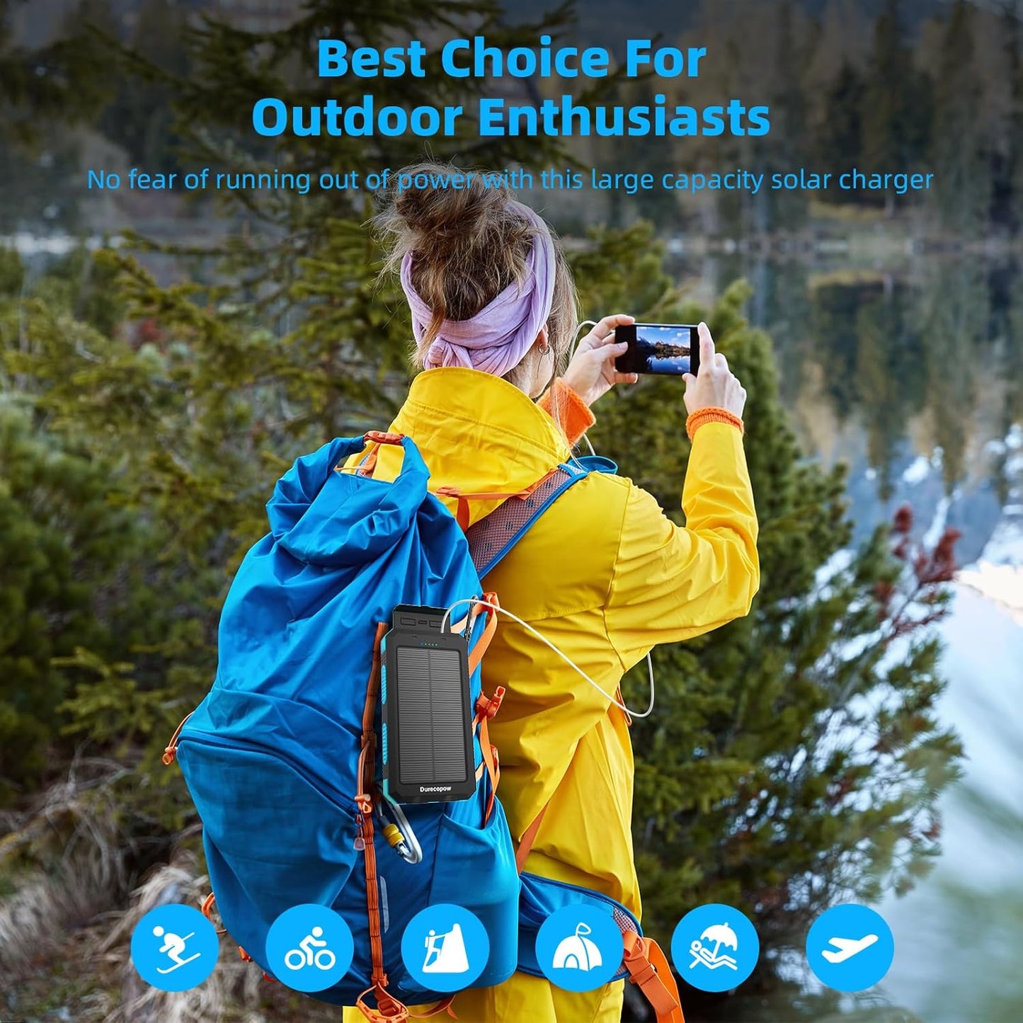 Solar Charger Power Bank 20,000mAh, Portable Charger, 4 Cables 3 Ports Fast Charging External Battery Pack with USB C for Cell Phones, Solar Panel Charger with Dual Flashlight for Camping