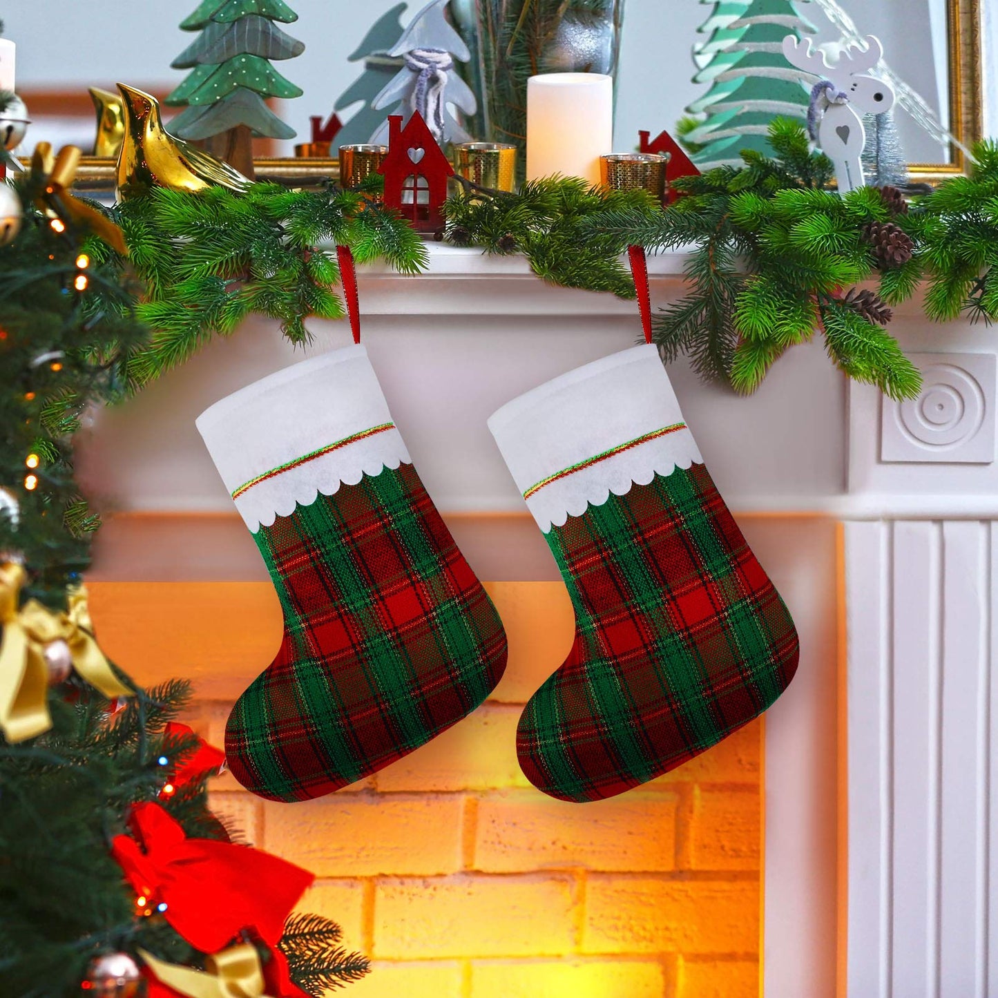 URATOT 12 Pack 15 Inches Christmas Stockings Red and Green Plaid Pattern Felt Christmas Holiday Stockings Christmas Tree Hanging Ornaments Xmas Fireplace Decoration Set
