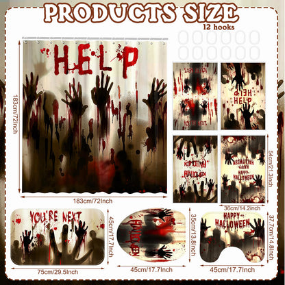 FuWeave 8 Pcs Halloween Help Me Shower Curtain Set for Bathroom Include Scary Ghost Shadow Bloody Hands Shower Curtain Towels Non Slip Rugs Toilet Lid Cover Bath Mat and 12 Hooks for Bathroom Decor