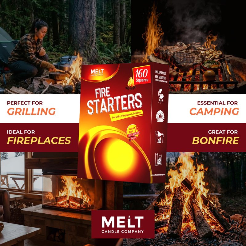 Fire Starter Squares, 160 pcs - Charcoal Fire Starters for Campfires, Grill, Outdoor Pit, Fireplace, Wood Stove, BBQ - Firestarter Sticks, Water Resistant & Odorless - Camping Accessories Essentials