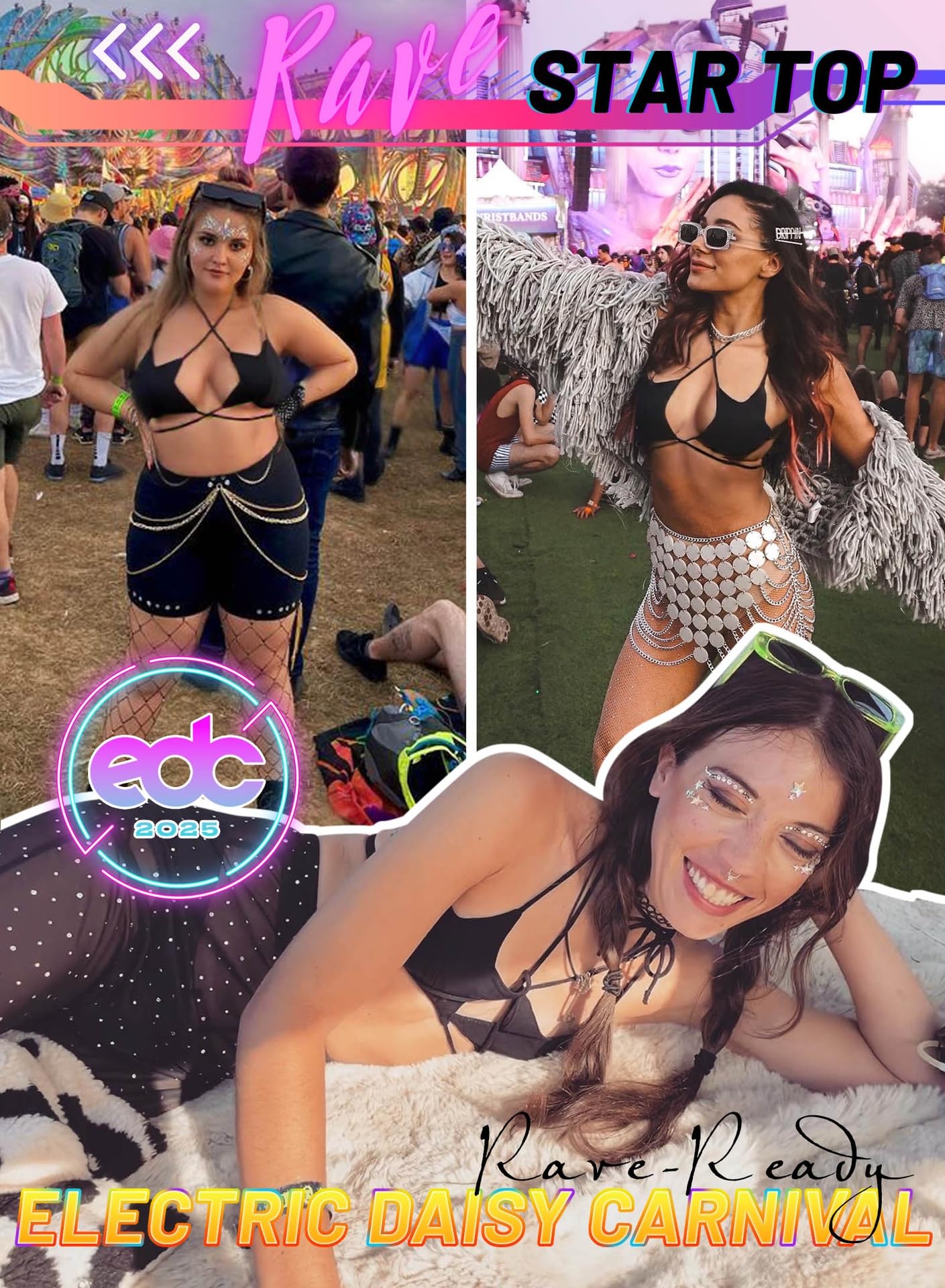 Rave Star Top for Women - Halloween Sexy Halter Crop Backless Bra Music Festival Crisscross Straps Concert Outfits(Black,L,1078a)