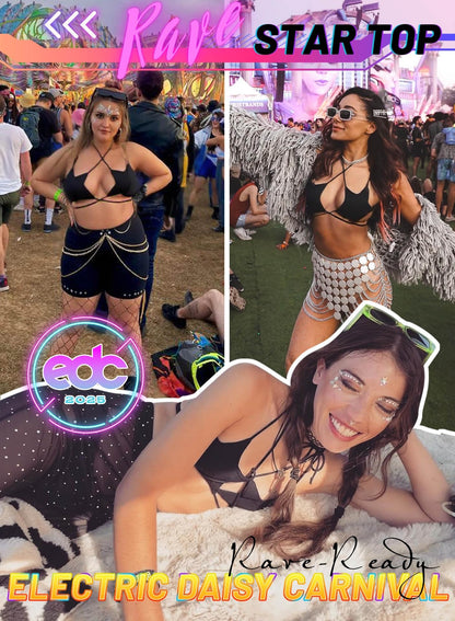 Rave Star Top for Women - Halloween Sexy Halter Crop Backless Bra Music Festival Crisscross Straps Concert Outfits(Black,L,1078a)