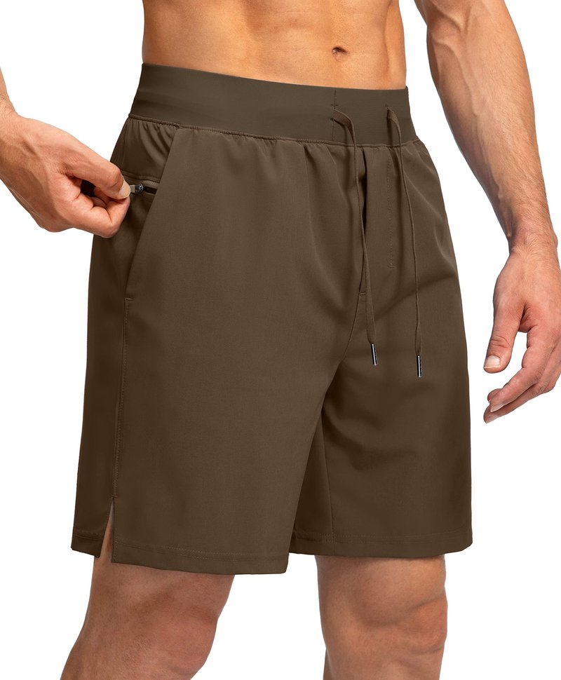 Soothfeel Men's Running Shorts with Zipper Pockets 7 Inch Lightweight Quick Dry Gym Athletic Workout Shorts for Men (Brown, 3XL)