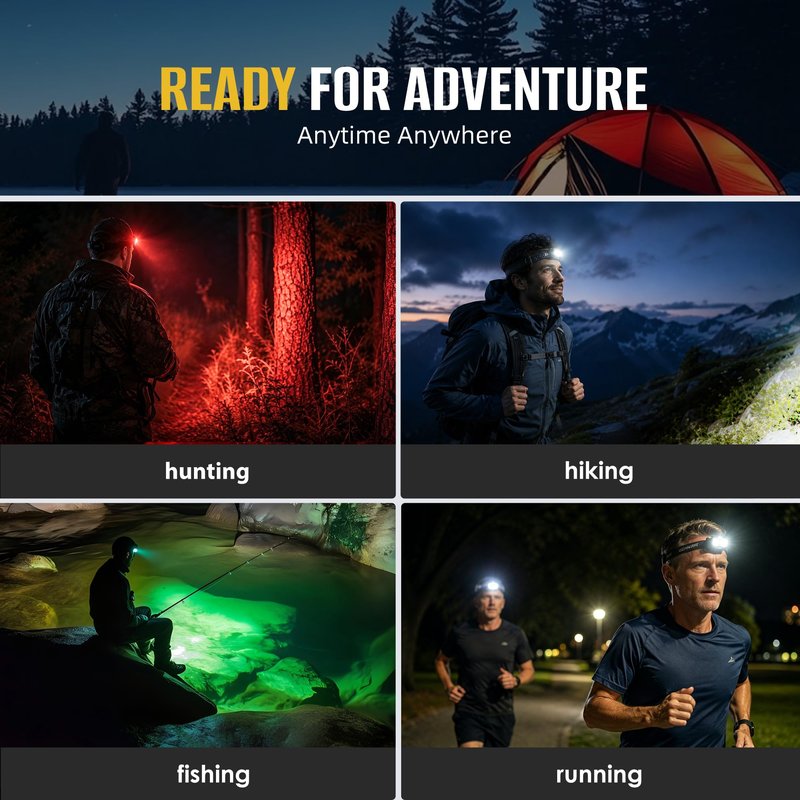 HOKOILN 3-Pack LED Headlamp Rechargeable with Green & Red Light -1300 Lumen Ultra-Bright Flashlight Headlight for Camping, Running, Hiking, Fishing - Waterproof with 7 Modes
