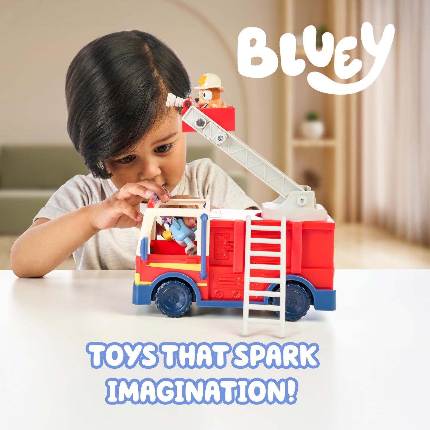 Bluey Firetruck, Firetruck, Exclusive Firefighter Bingo and Bob Bilby Figures Raise The Ladder, Spin It Around and Roll Out The Hose Includes Sticker Sheet
