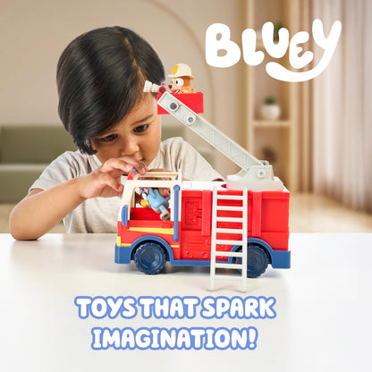 Bluey Firetruck, Firetruck, Exclusive Firefighter Bingo and Bob Bilby Figures Raise The Ladder, Spin It Around and Roll Out The Hose Includes Sticker Sheet