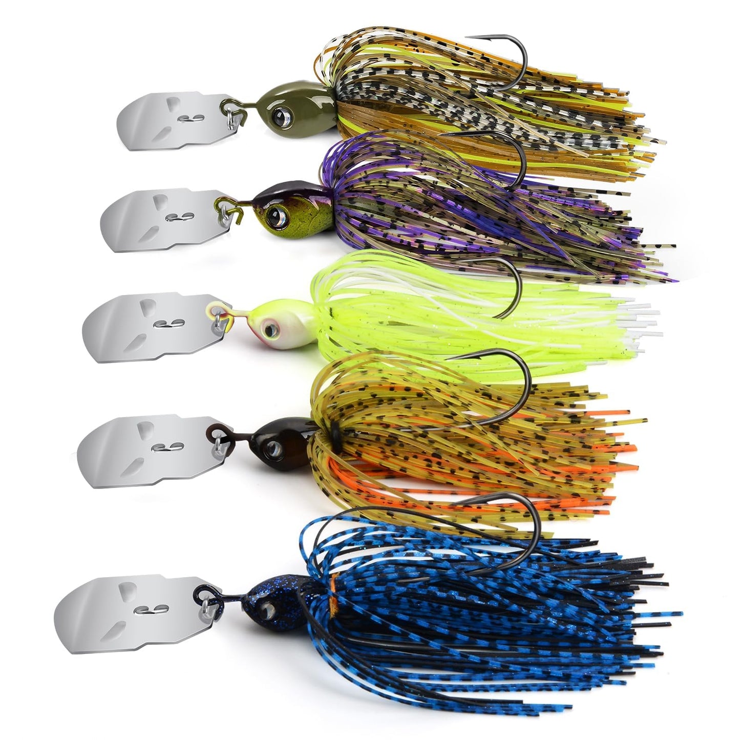 MadBite by KastKing Bladed Jig Fishing Lures, 5 pc Multi-Color Kits, Irresistible Vibrating Action,Sticky-Sharp Heavy-Wire Needle Point Hooks, 1/2 oz Sizes, Includes Storage Box