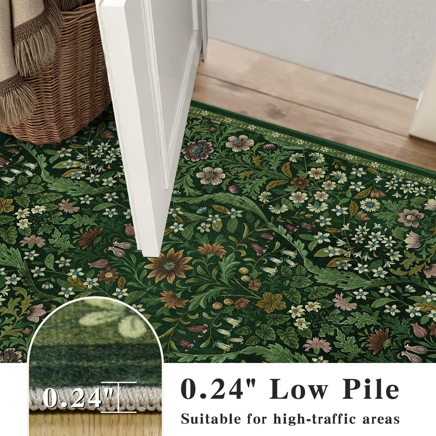 9x12 Dark Green Vintage Floral Area Rug,Washable Large Boho Living Room Rugs,Botanical Print Non-Slip Stain Resistant Lightweight Carpet for Bedroom Dining Room Nursery