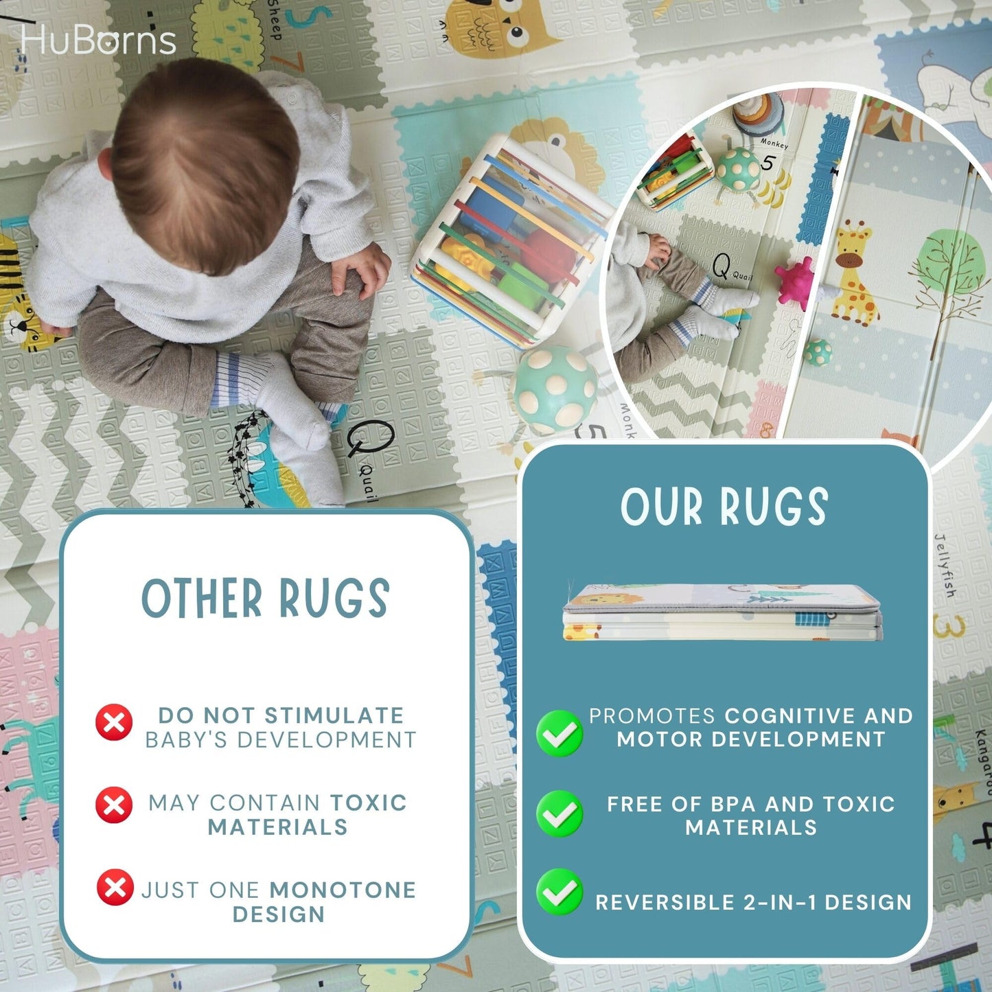 HuBorns - Foldable Baby Play Mat 200x180 cm - Reversible and Padded Baby Foam PlayMat with Stitched Edges - Waterproof Baby Mats for Floor Play - Anti-Fall Thick PlayMatt (Animals)