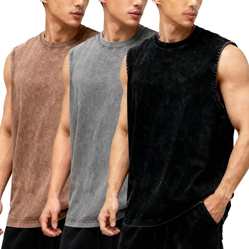 TinyChoice Men's 3-Pack Sleeveless Tank Tops Gym Muscle Acid Wash Workout Tees Cut Off Loose-Fit Athletic T-Shirts, Black Coffee Grey, S