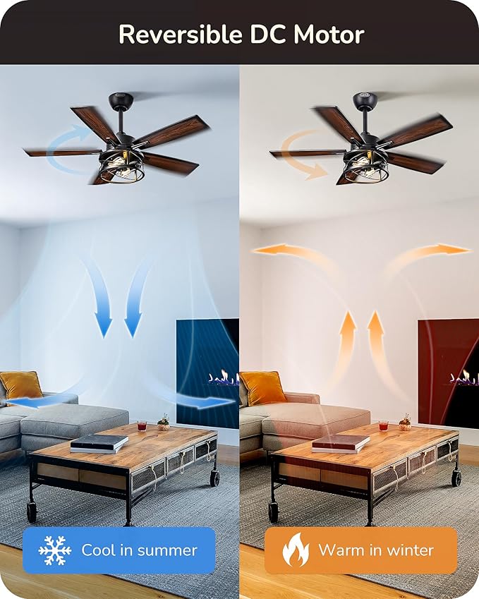 EDISHINE 42“ Farmhouse Ceiling Fans with Lights and Remote, 10%-100% Dimmable, 6 Speeds, Wood Blades, DC Reversible Motor, Timer, Noiseless, Small Rustic Ceiling Fan for Bedroom Living Room, UL Listed