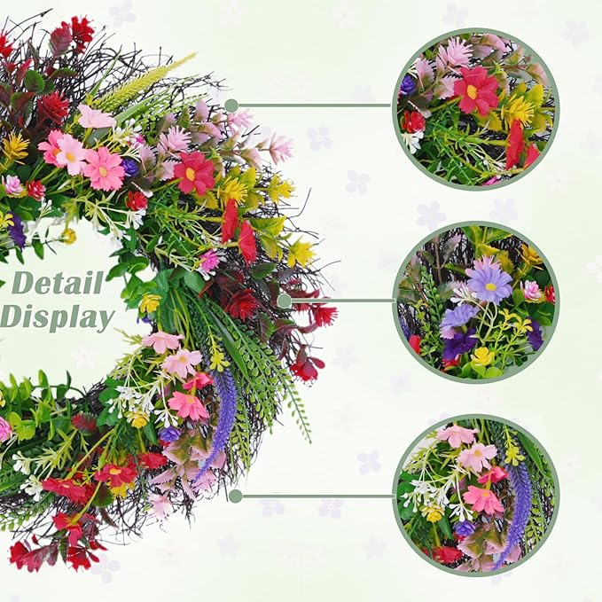 Daisy and Lavender Wildflower Spring and Summer Artificial Spring Wreath Silk Summer for Front Door Home Wall Wedding Festival Farmhouse Holiday Decor with Peg (18 inches)