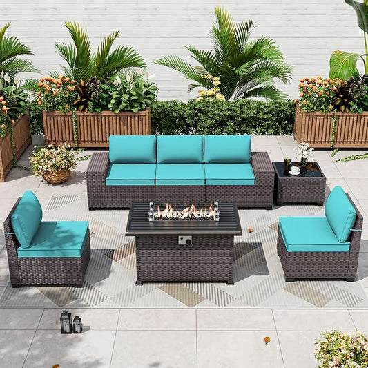 ALAULM 7 Pieces Patio Furniture Set with Fire Pit Table 55000BTU, Oversized Seat/Armrest and High Back Wicker Conversation Set with Thick Cushion for Backyard, Garden, Turquoise
