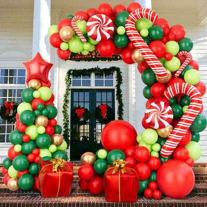 Bonropin Christmas Balloon Garland Arch kit with Xmas Red Gold Dark Green Balloon Fresh Green Balloon and Candy Balloons Gift Box Balloons Red Star Balloons Rich for Christmas Party Decorations