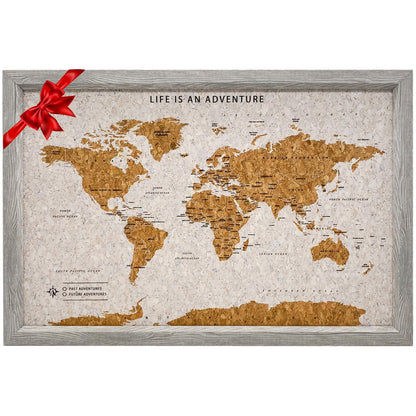 Splosh Framed Travel Map - Grey Small Wooden Pin Board with 100 Pins. Travel Map Cork Board. Wooden World Map, Corkboard Map Travel Gift. Mark your fast & future adventures!