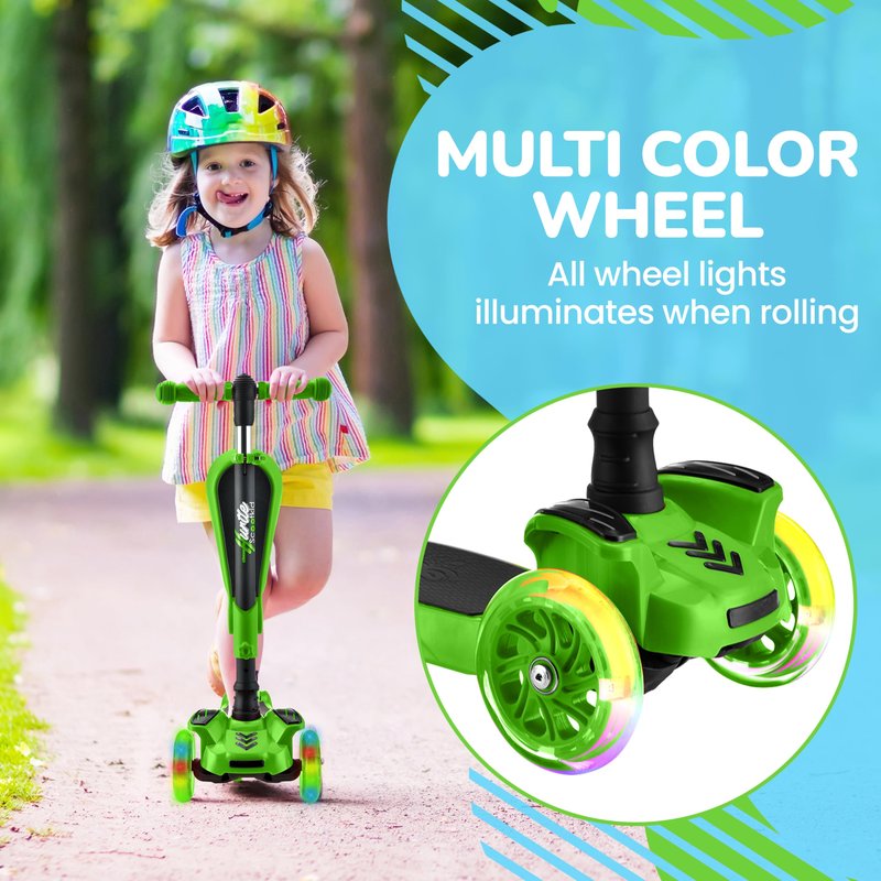 Hurtle 3 Wheeled Scooter for Kids - 2-in-1 Sit/Stand Child Toddlers Toy Kick Scooters w/ Flip-out Seat, Adjustable Height, Wide Deck, Flashing Wheel Lights, For Boys/Girls 1 Year Old+ (Green)