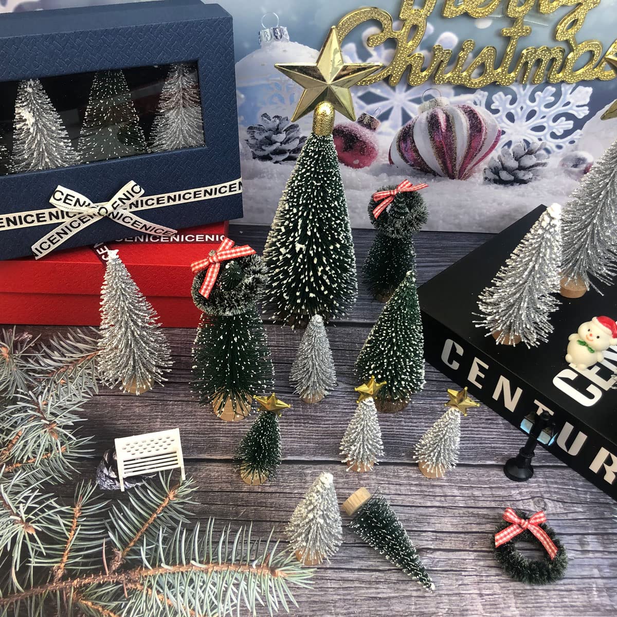 NotiGat Miniature Christmas Pine Tree mini Bottle Brush Christmas Trees Table top Village Winter Tree for Christmas Decorations Wooden Bases （36pcs）