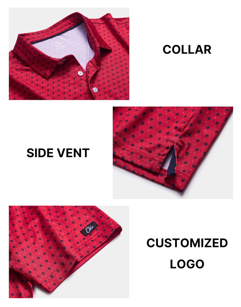 Obla Mens Golf Polo Shirts Short Sleeve Dry Fit Performance Moisture Wicking Casual Print Collared Golf Shirts for Men (Red Flower_L)