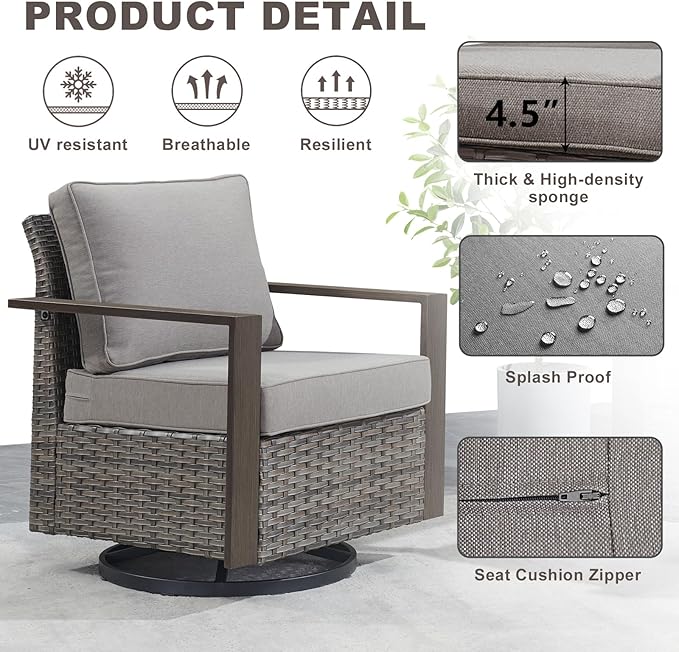 Rilyson Outdoor Wicker Patio Furniture Set - 6 Pieces Patio Conversation Set with 2 Wicker Swivel Rocker Chairs,2 Rattan Ottoman,1 Side Table and 1 Couch,Thick Cushions,Deep Seating(Mixed Grey/Grey)