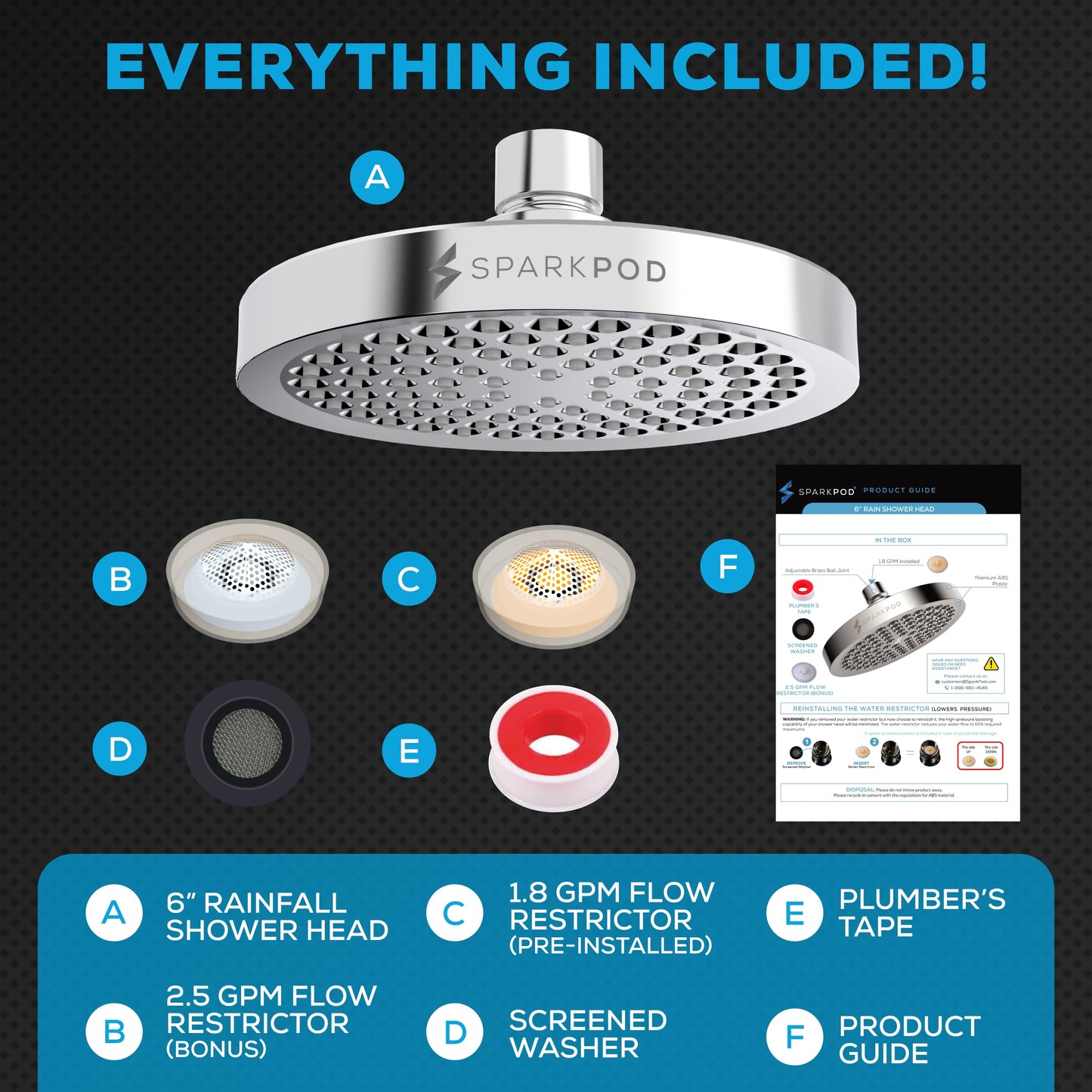SparkPod Shower Head - High Pressure Rain - Premium Quality Luxury Design - 1-Min Install - Easy Clean Adjustable Replacement for Your Bathroom Shower Heads (Luxury Polished Chrome, 6 Inch Round)