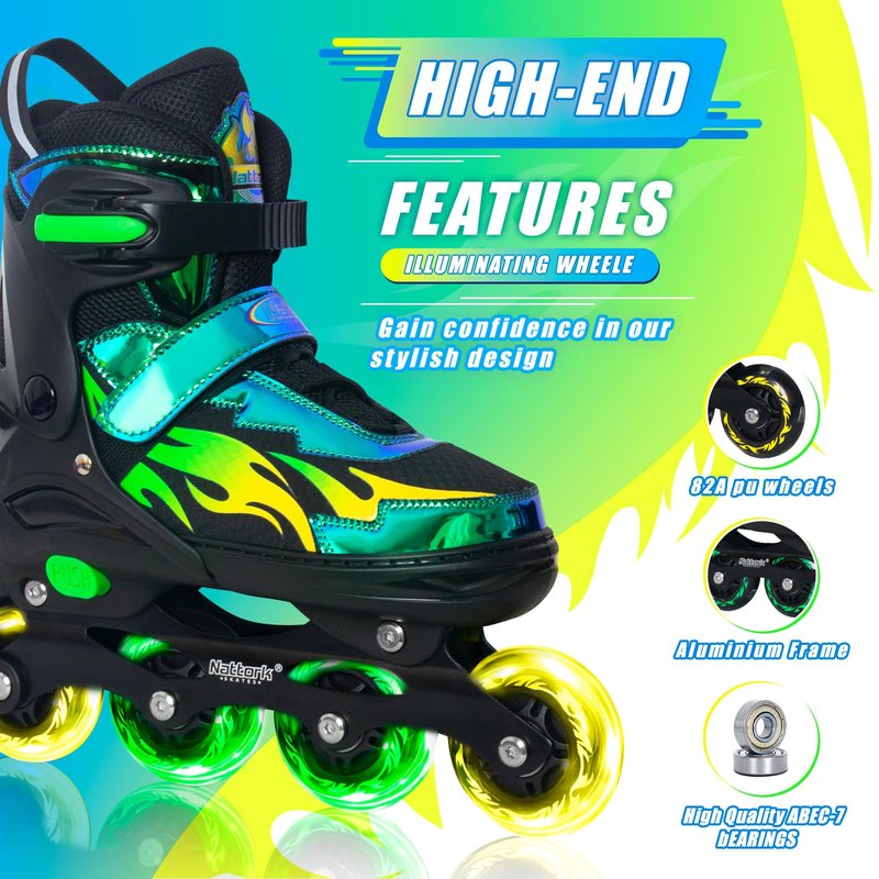 Nattork Adjustable Inline Skates for Kids Adults, Indoor and Outdoor Blades Roller Skates with 8 Light Up Wheels for Boys Girls Aged 4-16, Adult Women Beginners