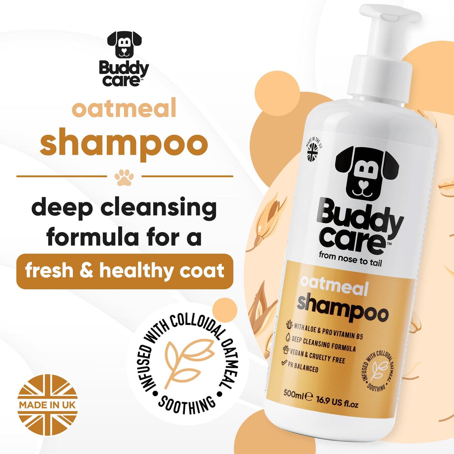 Buddycare Oatmeal Dog Shampoo (500ml) Gentle for Sensitive or Itchy Skin Removes Dandruff & Smelly Puppy Odours, w/Aloe Vera to Help Itch Relief Dog Shampoo for Smelly Dogs Best Puppy Shampoo