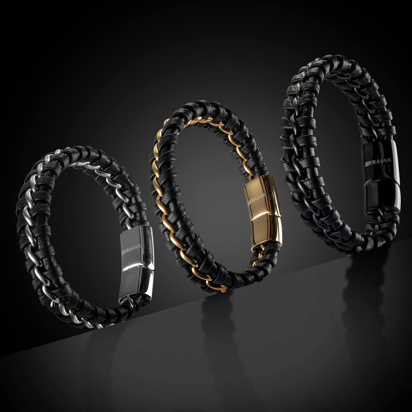 SERASAR Leather Wristbands for Mens 23cm Gold Bracelet GiftBox Genuine Cowhide Braided AdjustAble Magnetic Clasp MultiLayer Wrap Mens Bracelets Band Jewelry Magnet Accessories