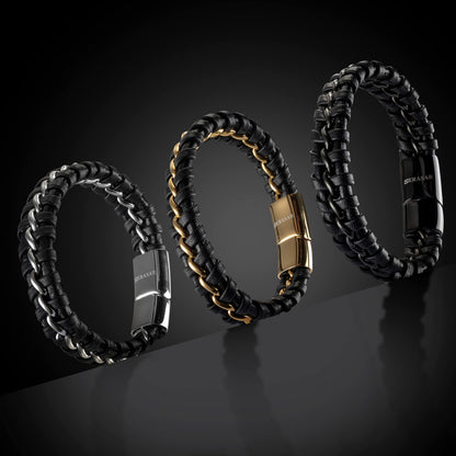 SERASAR Leather Wristbands for Mens 23cm Gold Bracelet GiftBox Genuine Cowhide Braided AdjustAble Magnetic Clasp MultiLayer Wrap Mens Bracelets Band Jewelry Magnet Accessories