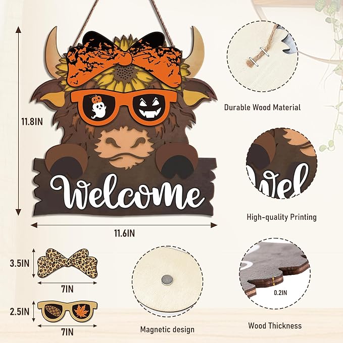 Highland Cow Front Door Decorations - Interchangeable Welcome Sign for Front Door with 16 Set Changeable Icons for Seasons Holiday Thanksgiving Christmas Door Decor