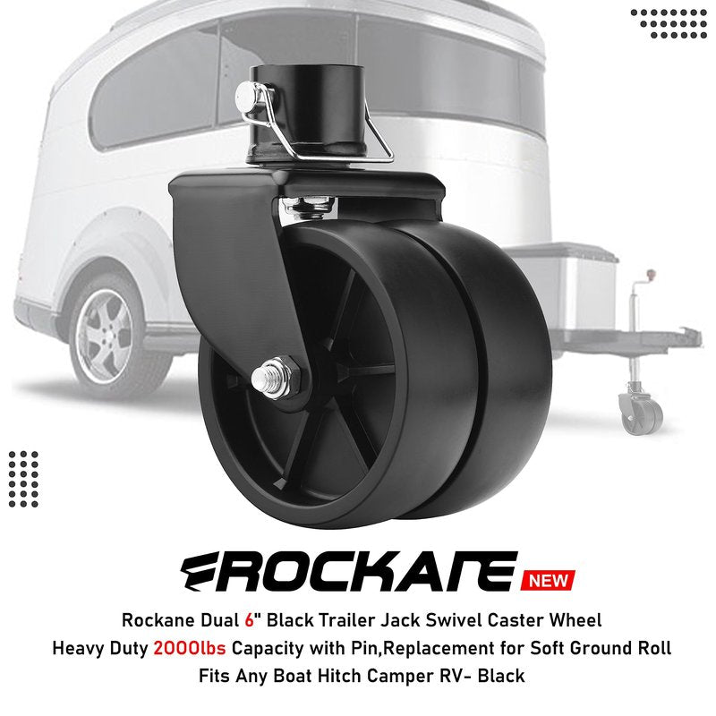 Rockane Dual 6'' Black Trailer Jack Swivel Caster Wheel Replacement, Heavy Duty 2000lbs Capacity with Pin for Soft Ground Roll, Fits Any Boat Hitch Camper RV- Black