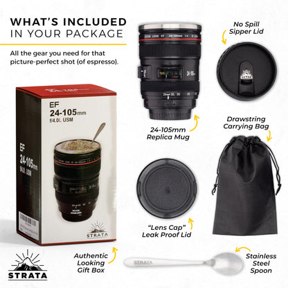 STRATA CUPS Camera Lens Coffee Mug -13.5oz | (2 LIDS + SPOON + BAG) Gift for Him, Dad Gifts, Photography, Camera accessories, Novelty Gifts