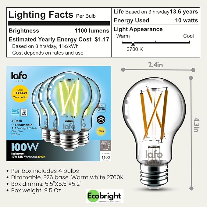 EcoBright 12PK Dimmable A19 LED Filament Bulb, 10W (100W Equivalent), E26 Base, 1100 Lumens, CRI90+, Flicker-Free Clear Glass, Energy Star Title 20, Warm White 2700K