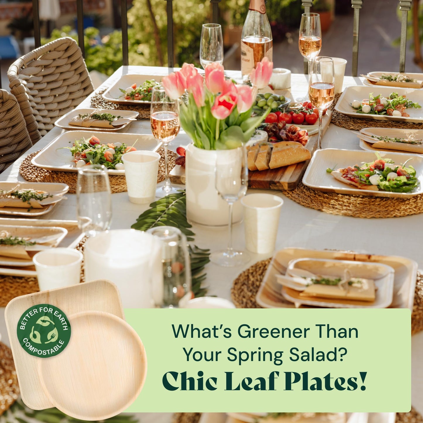 Chic Leaf Compostable & Biodegradable Palm Leaf Disposable Bamboo Plates for 4th of July- Disposable Party Plates for Appetizers - Camping Essentials - Reusable Party Supplies (10 & 7 Inch Square)