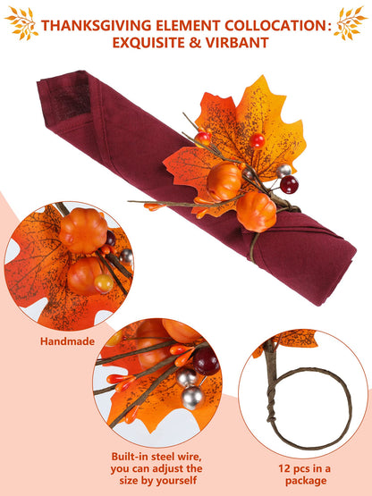 Patelai 12 Set Fall Thanksgiving Napkin Rings Pumpkin Maple Leaves Red Berry Napkin Holder for Table Decor, Wedding, Fall Banquet, Holiday, Dinner Party(Fresh Style,Orange)
